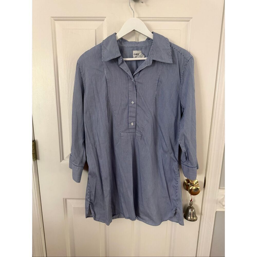 Chico’s Blue & White Stripe Drip Yolk Tunic Top sz 2 or L